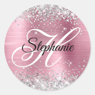 Sticker Rond Monogramme fantaisie argenté pailleté rose clair e