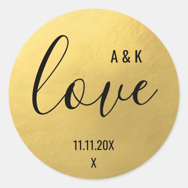 Sticker Rond Monogramme Faux Gold Foil LOVE Script Mariage noir (Devant)
