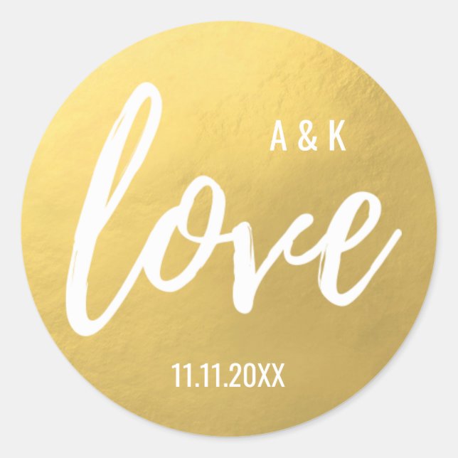 Sticker Rond Monogramme Faux Gold Foil LOVE Script Mariage noir (Devant)
