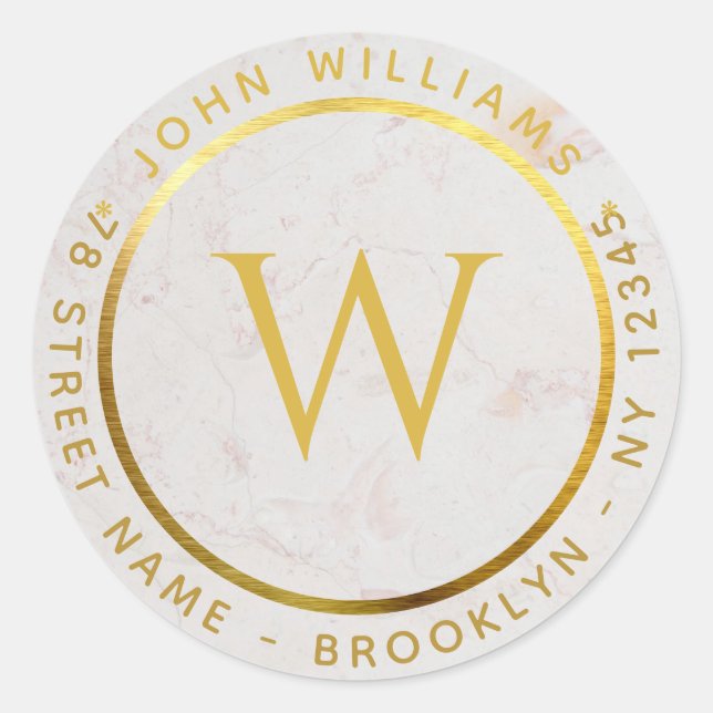 Sticker Rond Monogramme Faux Gold Marble Circulaire Adresse de  (Devant)
