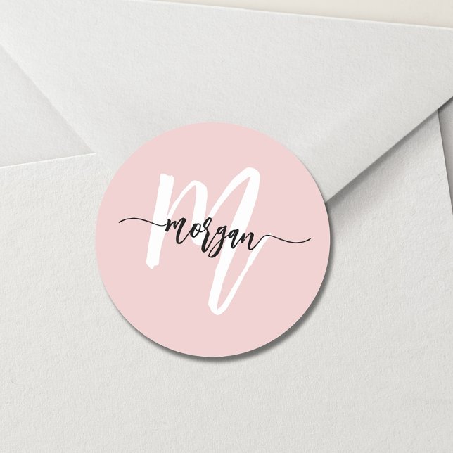 Sticker Rond Monogramme Féminin Moderne Écriture Rose Rougissan (Créateur téléchargé)
