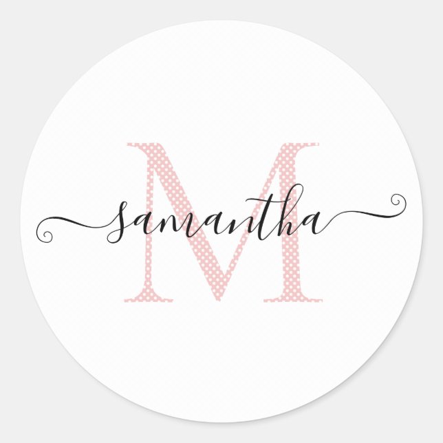 Sticker Rond Monogramme Féminin Rose Pâle et Blanc à Points (Devant)