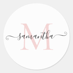 Sticker Rond Monogramme Féminin Rose Pâle et Blanc à Points