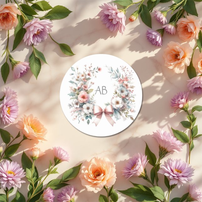 Sticker Rond Monogramme Fête Bébé Fleurs Ruban Romantique (Romantic Bow Floral Baby Shower Monogram Classic Round Sticker)