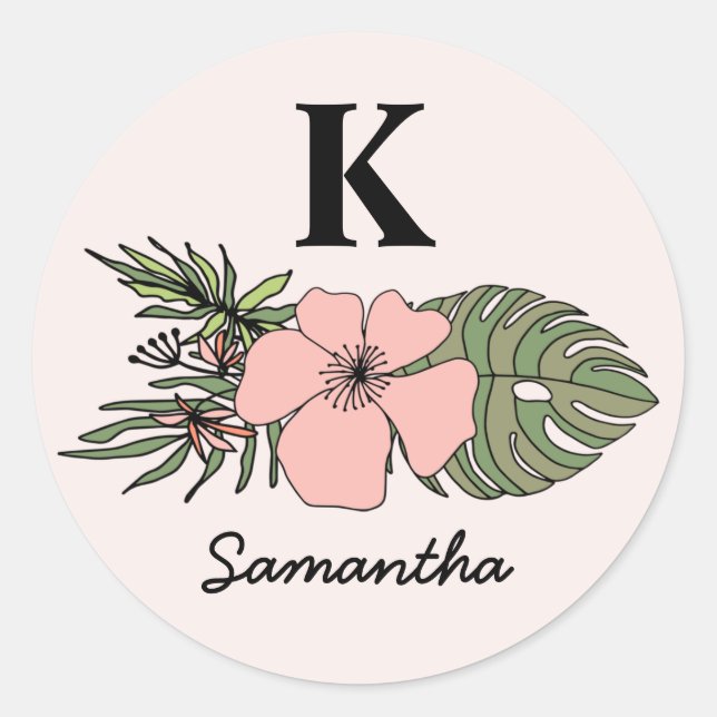 Sticker Rond Monogramme Feuille tendance rose et vert (Devant)