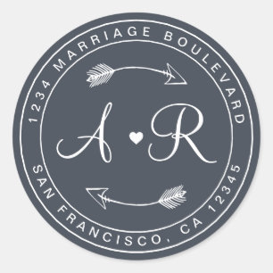 Sticker Rond Monogramme Flèche de coeur Bleu Mariage Adresse de