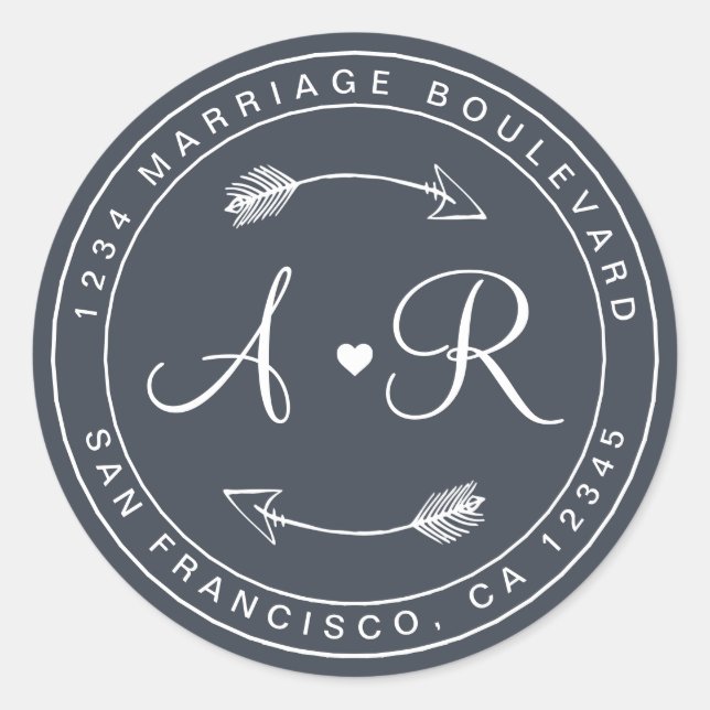 Sticker Rond Monogramme Flèche de coeur Bleu Mariage Adresse de (Devant)