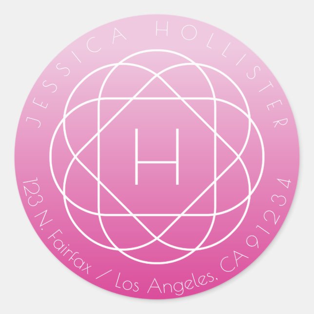 Sticker Rond Monogramme Fleur | Adresse de retour rose ombragée (Devant)
