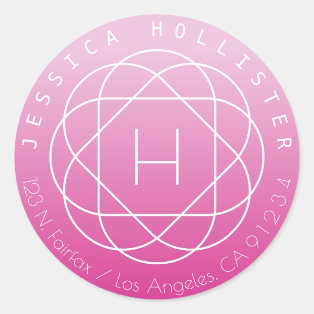Sticker Rond Monogramme Fleur | Adresse de retour rose ombragée (Devant)