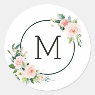 Sticker Rond Monogramme Fleur Aquarelle Rose Pâle