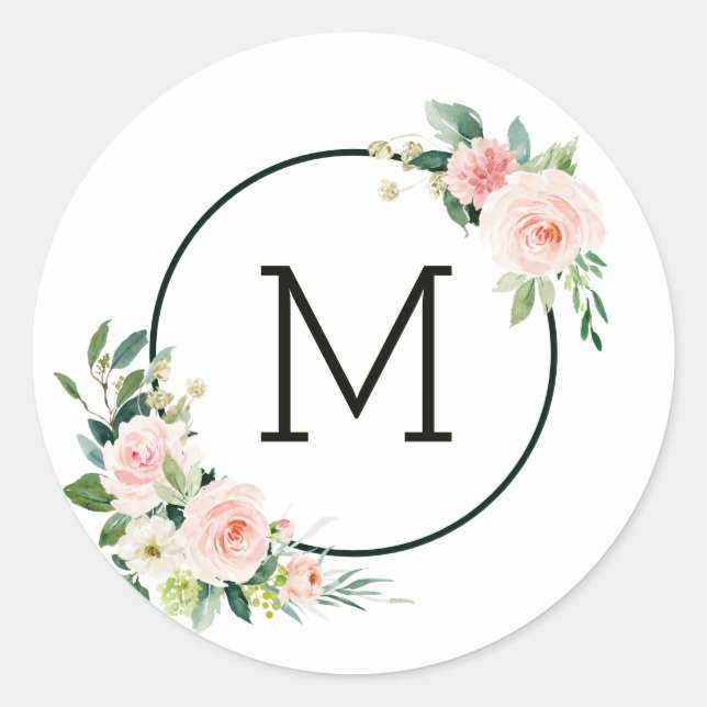 Sticker Rond Monogramme Fleur Aquarelle Rose Pâle (Devant)