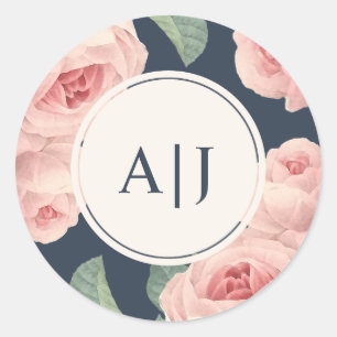 Sticker Rond Monogramme Fleur de Rose Rose Vintage Bleu Foncé