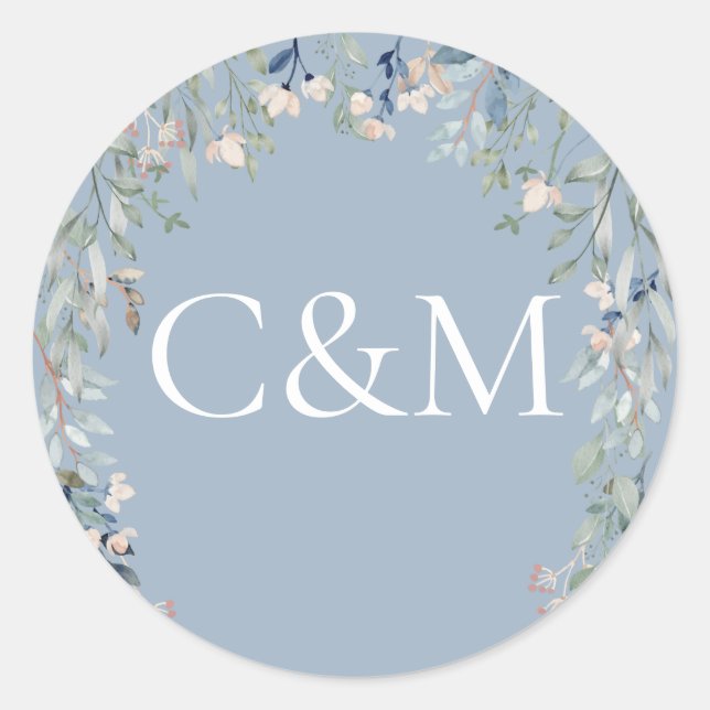 Sticker Rond Monogramme fleur sauvage Floral Dusty Blue (Devant)