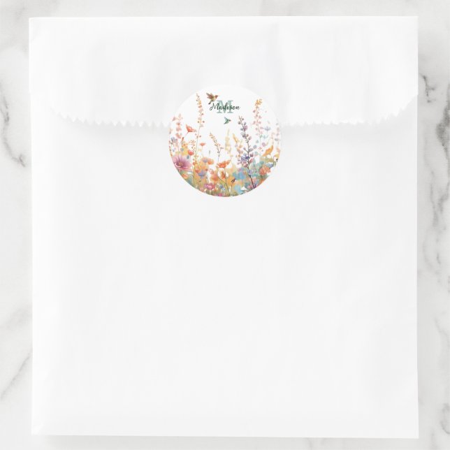 Sticker Rond Monogramme Fleurs Sauvages Aquarelle Nom Personnal (Sac)