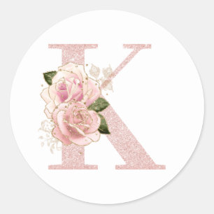 Sticker Rond Monogramme floral à paillettes rose or pâle fémini