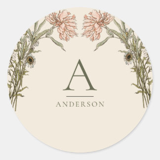 Sticker Rond Monogramme floral aquarelle vintage rose pâle