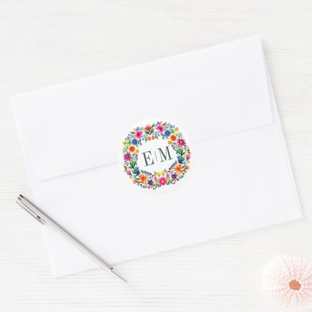 Sticker Rond Monogramme Floral Art Populaire Mexicain (Enveloppe)