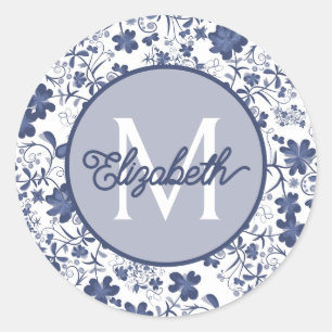 Sticker Rond Monogramme floral bleu gris et blanc
