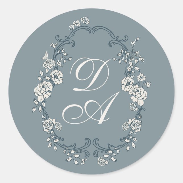 Sticker Rond Monogrammé Floral Bleu Poussiéreux (Devant)