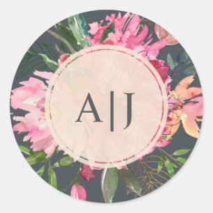 Sticker Rond Monogramme floral botanique de pivoine rose rubis