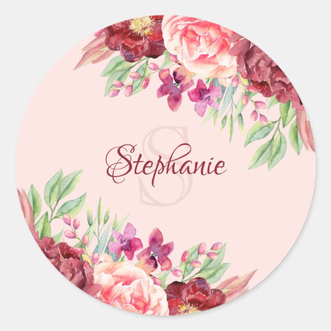 Sticker Rond Monogramme floral Bourgogne (Devant)
