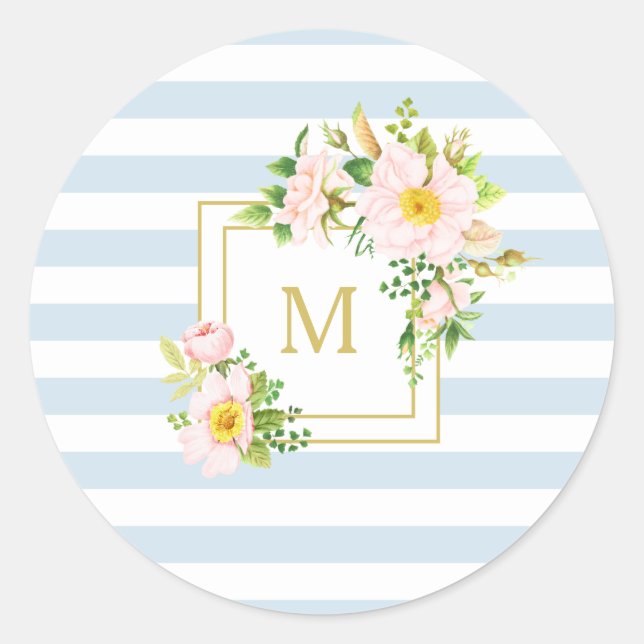 Sticker Rond Monogramme Floral Chic Pastel Bleu Bleu Rayures Ro (Devant)