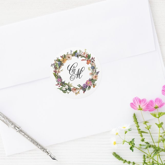 Sticker Rond Monogramme floral d'art fin (Créateur téléchargé)
