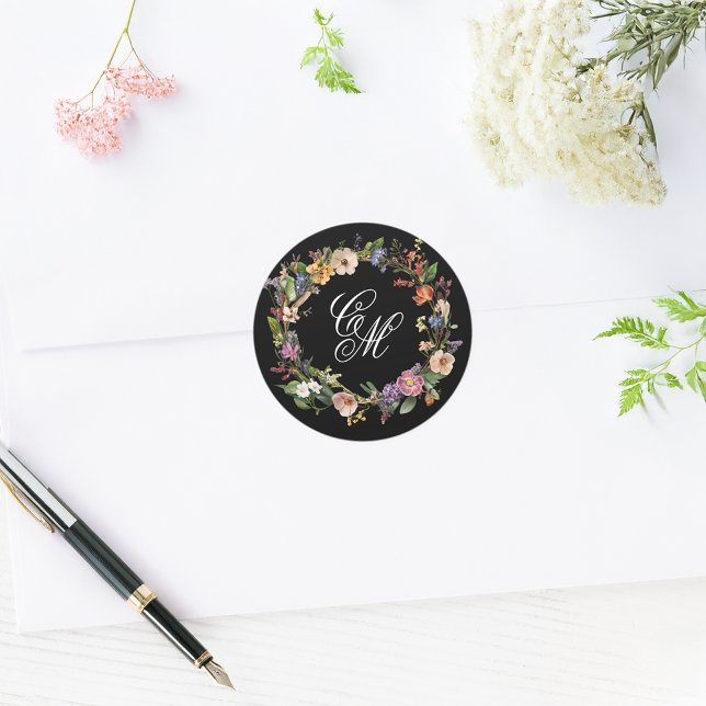 Sticker Rond Monogramme floral d'art fin (Créateur téléchargé)