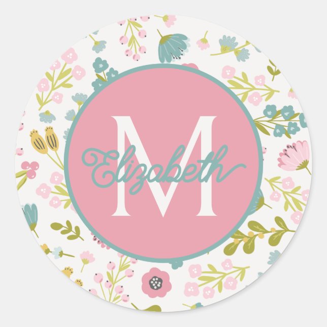 Sticker Rond Monogramme Floral de Jardin de Printemps (Devant)