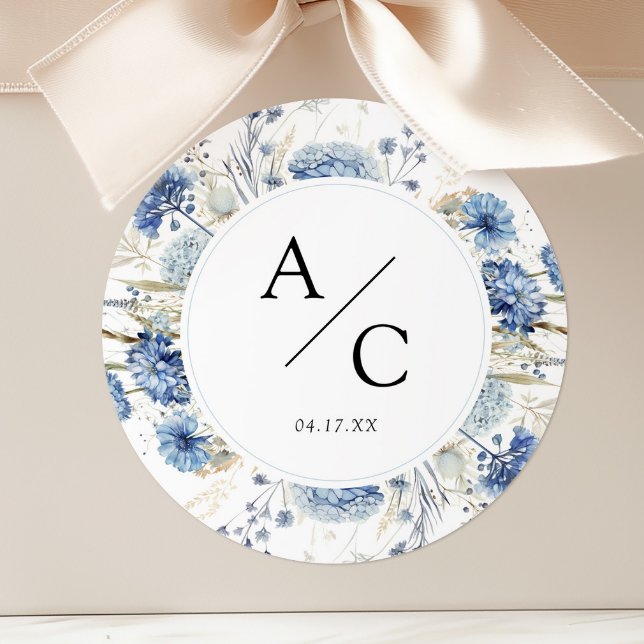 Sticker Rond Monogramme floral de mariage Hydrangea bleu poussi (Créateur téléchargé)