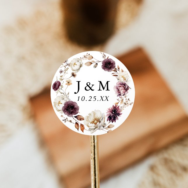Sticker Rond Monogramme Floral de Mariage Rustique d'Automne au (Créateur téléchargé)