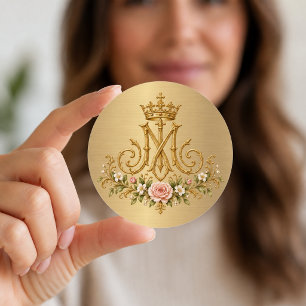 Sticker Rond Monogramme floral doré catholique marianiste