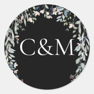 Sticker Rond Monogramme Floral fleur sauvage noir et blanc
