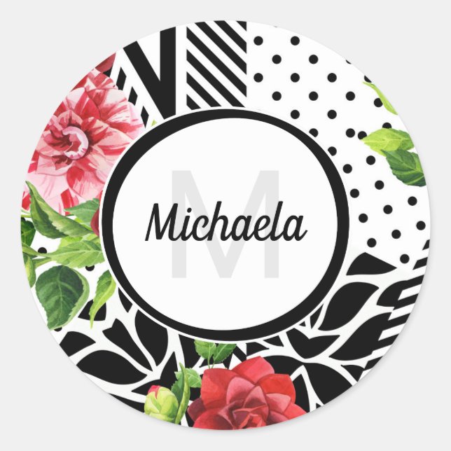 Sticker Rond Monogramme floral géométrique rouge (Devant)