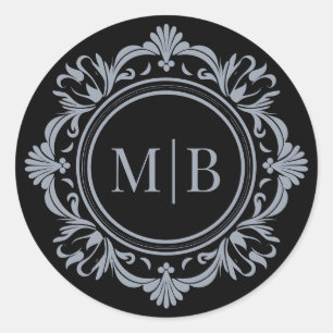 Sticker Rond Monogramme Floral Orné Mariage Argent Noir
