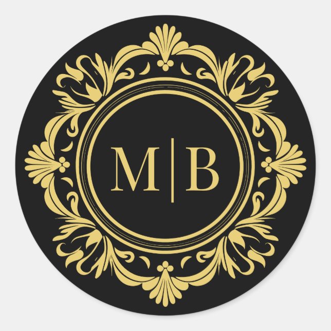Sticker Rond Monogramme floral orné Mariage Élégant or noir (Devant)