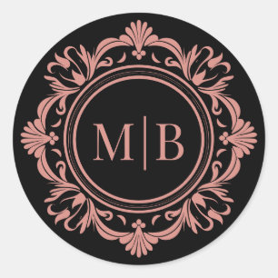 Sticker Rond Monogramme floral orné Mariage Rose noir or