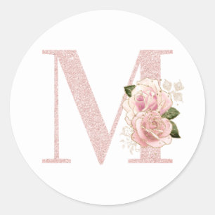 Sticker Rond Monogramme floral pailleté or rose girly M