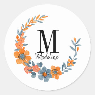 Sticker Rond Monogramme floral personnalisable Fleurs orange d'