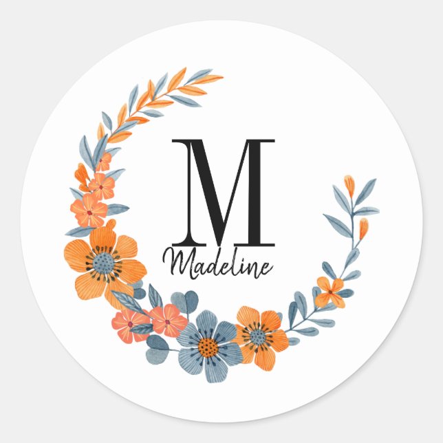 Sticker Rond Monogramme floral personnalisable Fleurs orange d' (Devant)