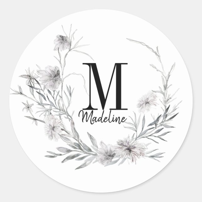Sticker Rond Monogramme floral personnalisable Fleurs sauvages  (Devant)