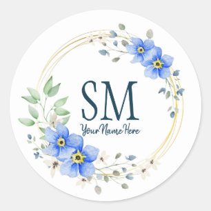 Sticker Rond Monogramme floral personnalisé Fleurs bleues sauva