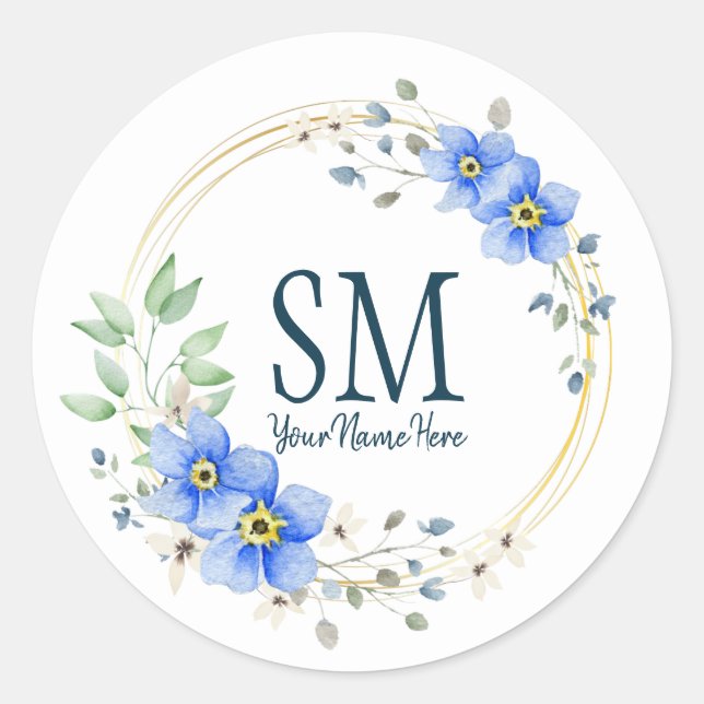 Sticker Rond Monogramme floral personnalisé Fleurs bleues sauva (Devant)