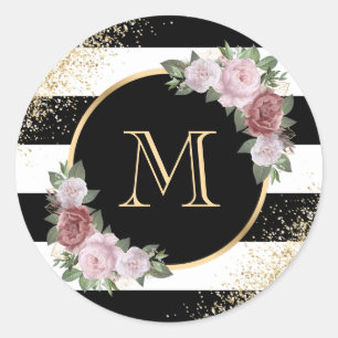 Sticker Rond Monogramme floral personnalisé noir blanc or rose 