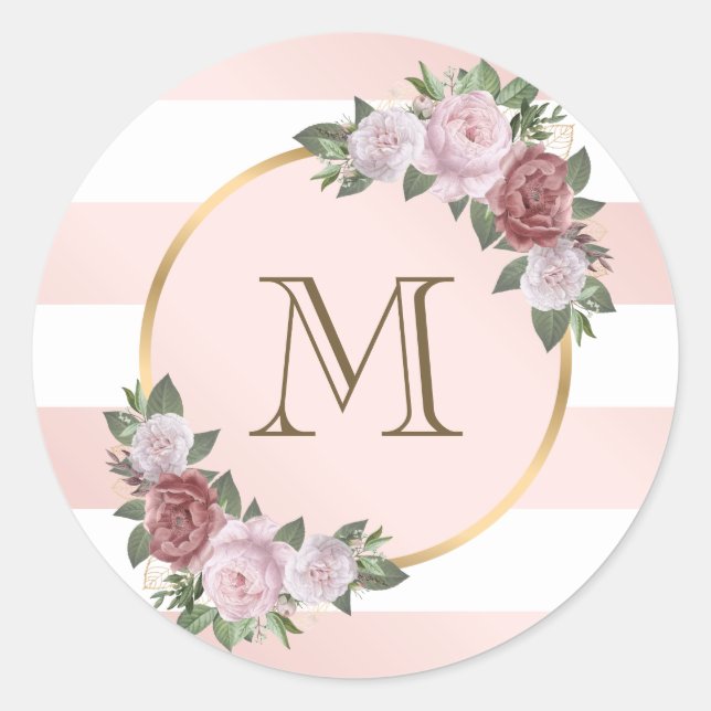 Sticker Rond Monogramme floral rayé rose vif (Devant)
