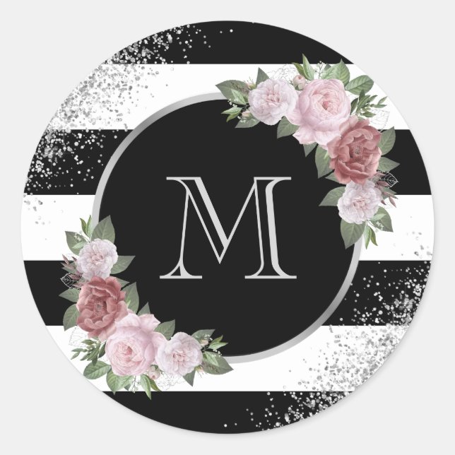 Sticker Rond Monogramme floral rose argent noir (Devant)