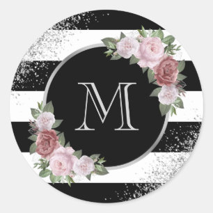 Sticker Rond Monogramme floral rose argenté noir