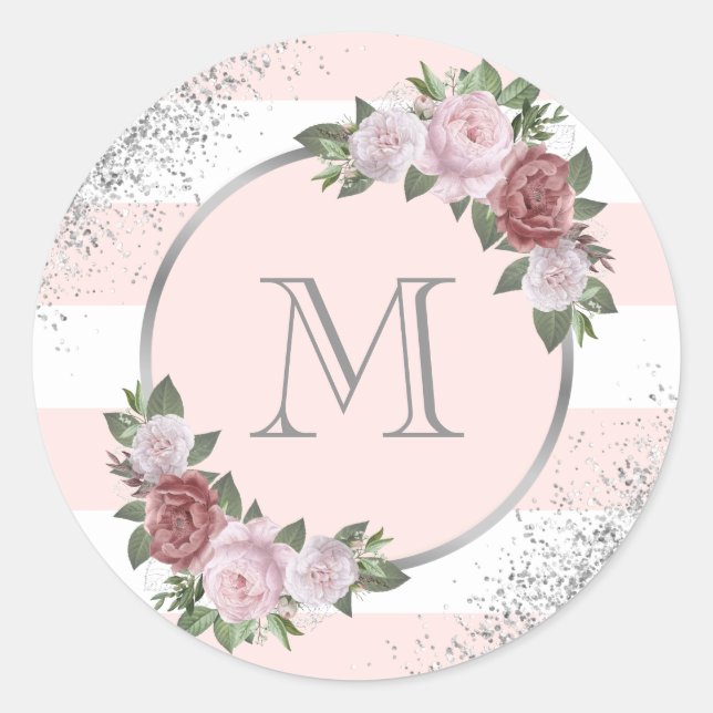 Sticker Rond Monogramme floral rose blush argent (Devant)