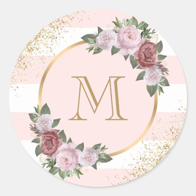 Sticker Rond Monogramme floral rose blush or (Devant)