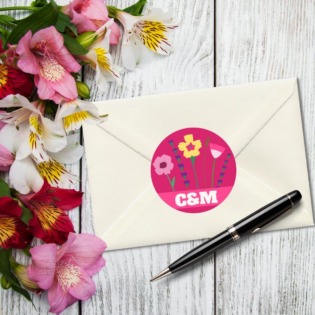 Sticker Rond Monogramme floral rose brillant et gras (Créateur téléchargé)